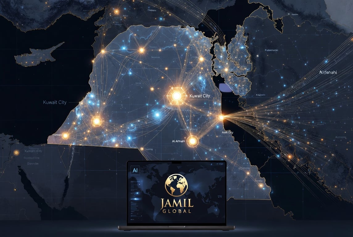 A wide-format, aspirational image showing a stylized map of Kuwait with glowing connection nodes and data flow lines emanating outward across the Gulf region and beyond. In the foreground, a sleek laptop screen shows a clean AI dashboard interface with the Jamil Global logo. The color palette is rich navy, gold (nodding to Kuwait's national identity), and electric blue. The mood should be forward-looking and confident — this is the future, and it's already happening.