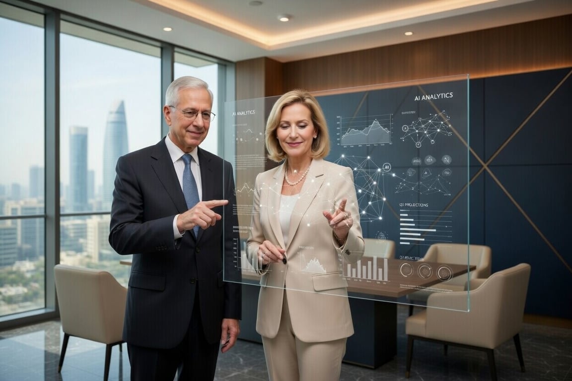 Corporate meeting in modern Kuwaiti office, executives pointing at a large transparent smart screen, showing interconnected graphs and AI data analytics, natural light, muted beige, navy, and charcoal palette, realistic, elegant professional atmosphere, subtle AI theme, no neon, no sci-fi