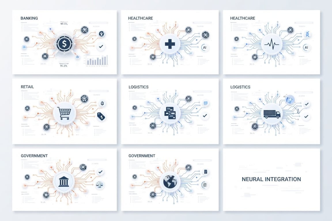 A grid or collage representing banking, healthcare, retail, logistics, and government — clean icons or split-screen industry visuals