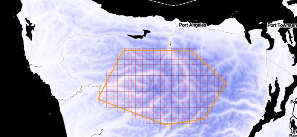 map of Port Angeles, Washington with topographic overlay and a grid showing the tiles