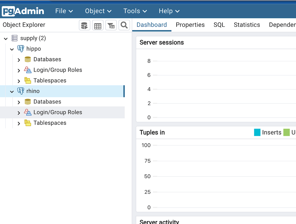 pgAdmin screenshot for multiple databases in different kubernetes clusters