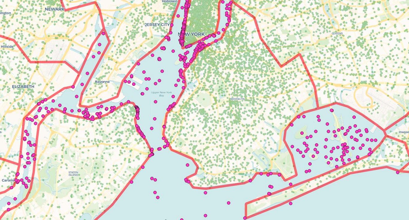 a map of new york city with dots for geographic names and the ones in the water are pink