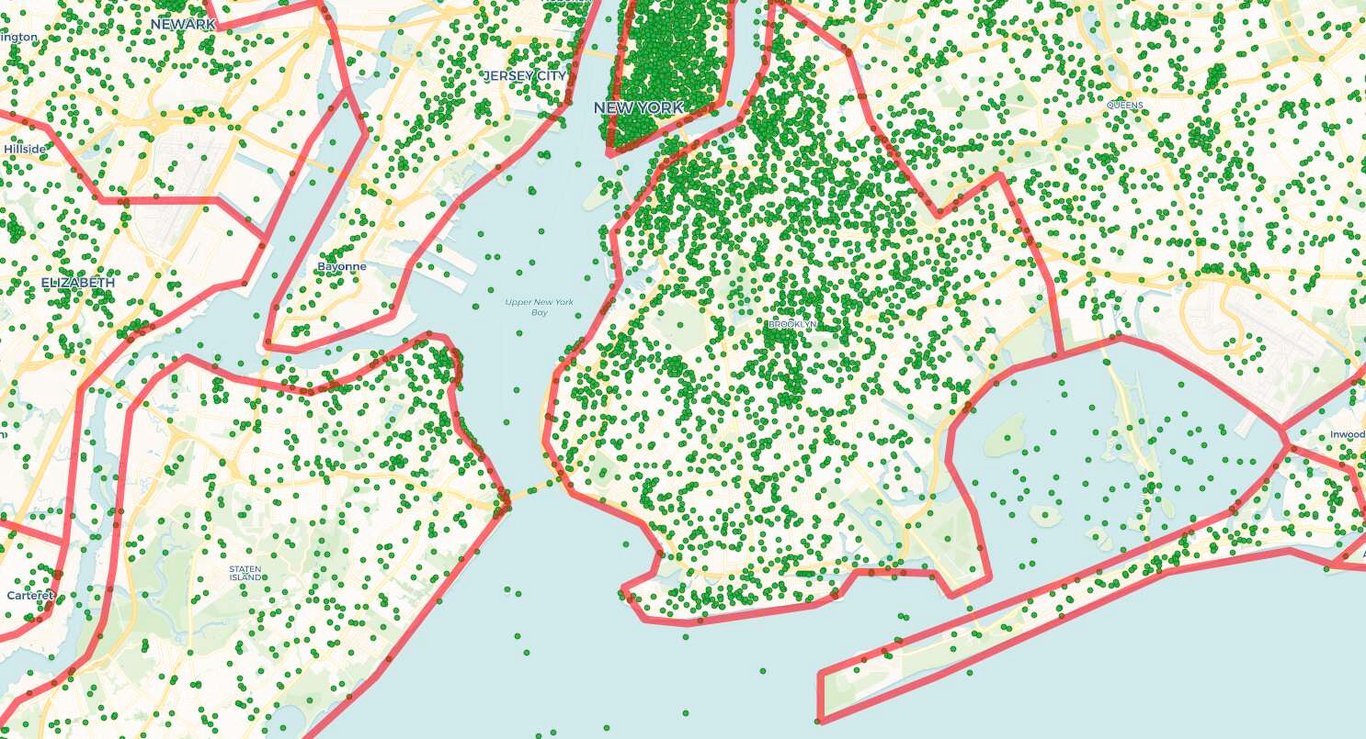 diagram of new york city with dots at points that have geographic names