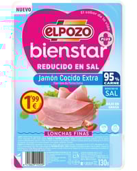 Jamón cocido ElPozo Bienstar 95% carne y reducido en sal lonchas finas 120 g