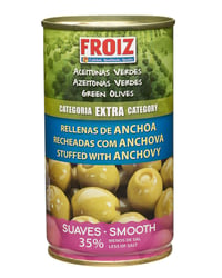 Aceitunas Froiz rellenas de anchoa suaves 35% menos de sal extra 150 g