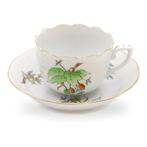 Herend coffee cup and saucer with rose hips ornament, hand-painted porcelain, detailed view, elegant fine china tableware