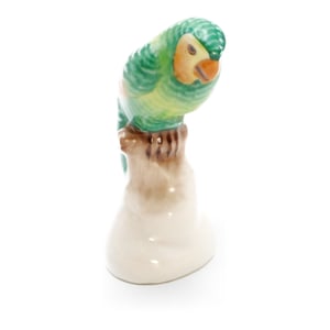 Herend Green Parrot Hand Painted Porcelain Figurine Close Up, Vintage Ceramic Collectible Sculpture