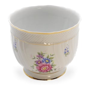 Hollóháza Kaspo Village Pottery porcelain hand-painted floral planter with gold trim and intricate detailing