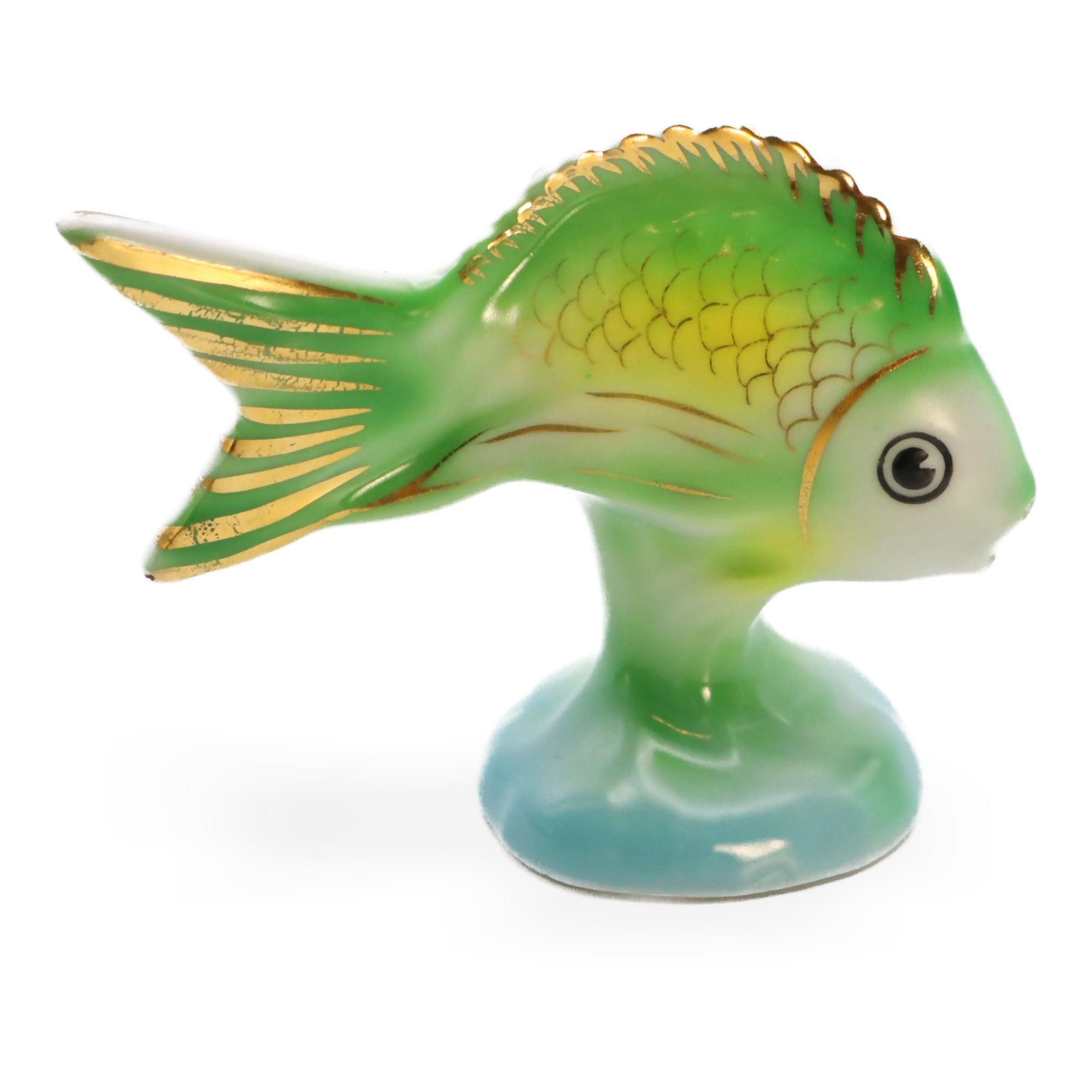 Hollohaza Fish Porcelain Figurine Hand-Painted Vintage Ceramic Collectible Sculpture Hollohaza Fish Porcelain Figurine hand-painted vintage ceramic collectible sculpture with gold accents, side view