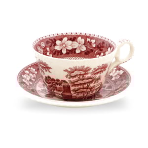 Spode Pink Tower England porcelain hand-painted tea cup and saucer with floral and landscape design, detailed view