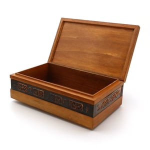 Wooden box with embossed brass decor, hand-painted porcelain, antique style, open lid, handmade jewelry storage box