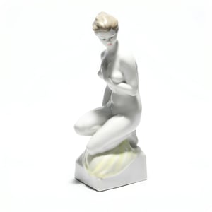 Vintage Zsolnay Porcelain Figurine – Kneeling Nude Woman Sculpture on Seashell Base Hand Painted, Ceramic Collectible