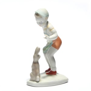 Vintage Aquincum Boy With Rabbit Porcelain Figurine – Rare Hand-Painted, Ceramic Collectible Sculpture