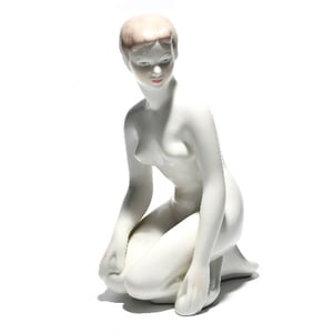 Vintage Aquincum Porcelain Figurine – Kneeling Nude Woman Sculpture Hand Painted Hand-Painted, Ceramic Collectible