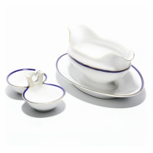 Zsolnay Vintage Porcelain Gravy Boat and Double Condiment Dish Set with Gold Trim and Cobalt Accents
