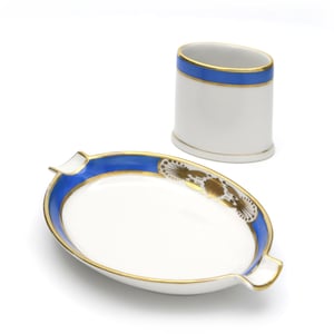 Herend Blue Art Deco Ashtray With Cigarette Holder Porcelain Hand-Painted