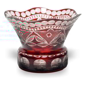 Bohemia Cut Glass Ruffled Vase, Vintage Red Lead Crystal Centerpiece, Crystal Art