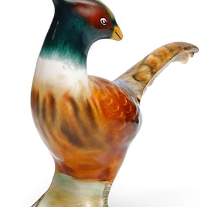 Pheasant porcelain statue close up, hand painted Hungarian ceramic collectible bird figurine, mid-century modern decor