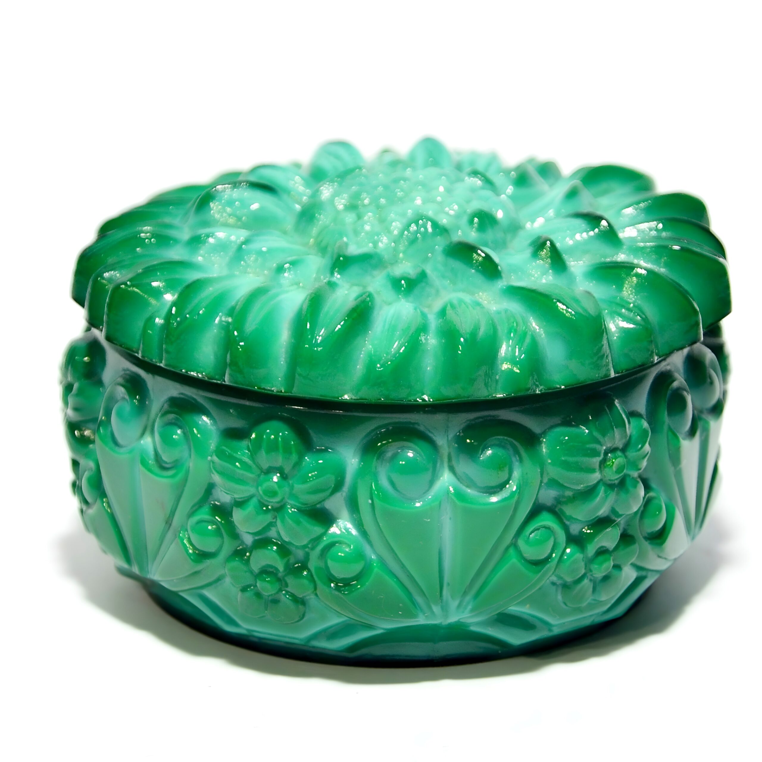 Green Cut Glass Bohemian Trinket Box Detailed View Thumbnail for Green Cut Glass Trinket Box, Handcrafted Bohemian Treasury Box, Vintage Bonbonniere for Jewelry or Elegant Decorative Accent