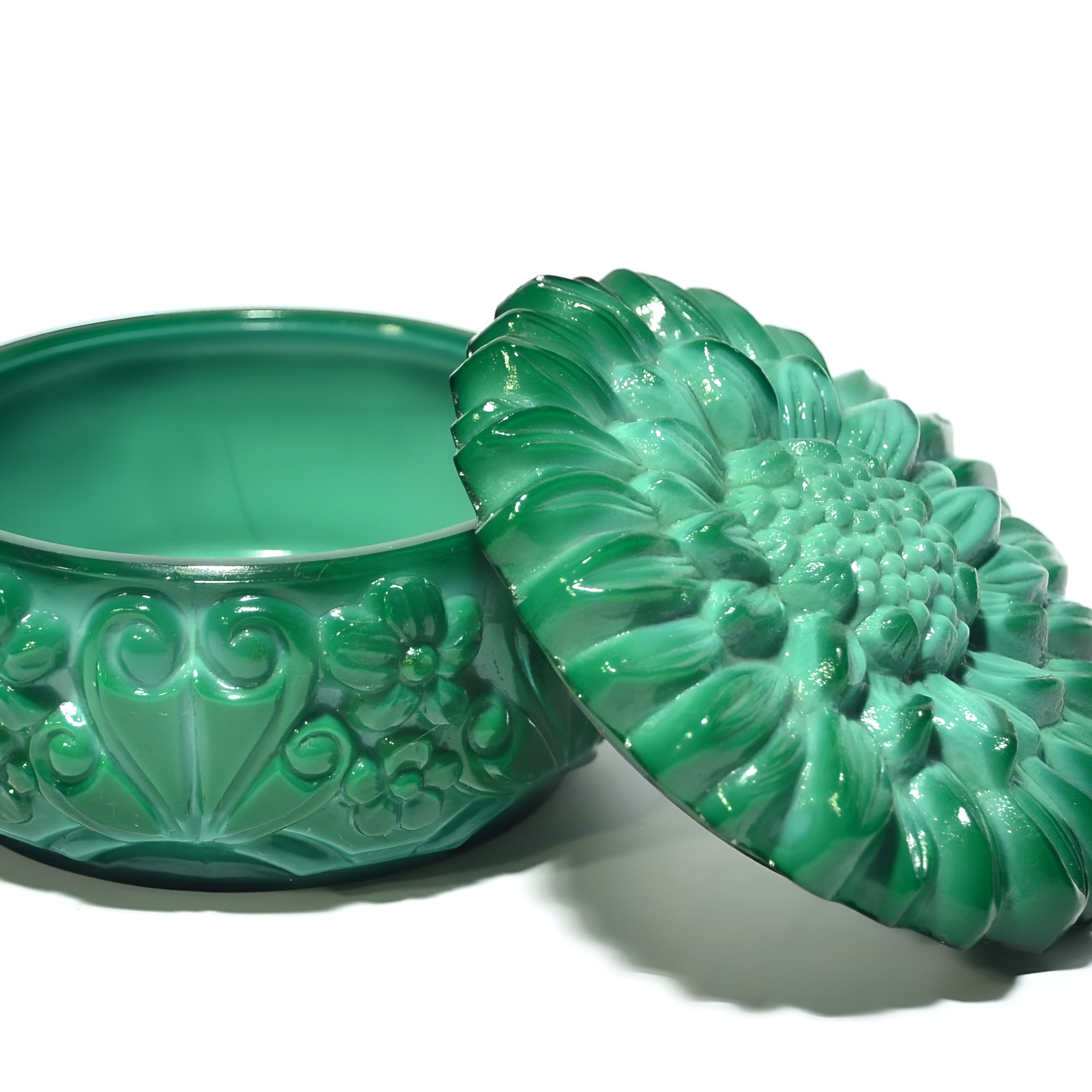 Green Cut Glass Trinket Box Detailed View Thumbnail for Green Cut Glass Trinket Box, Handcrafted Bohemian Treasury Box, Vintage Bonbonniere for Jewelry or Elegant Decorative Accent