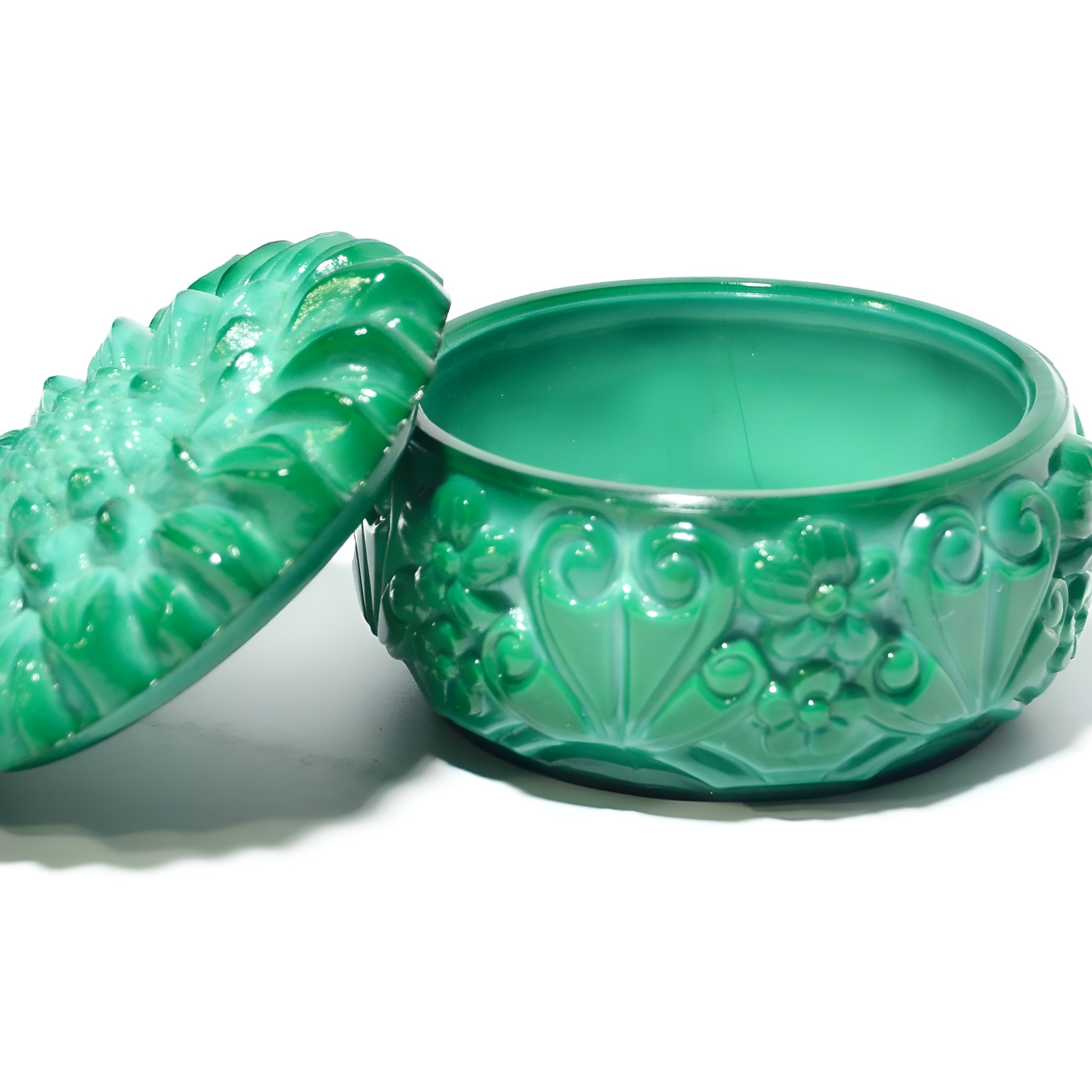 Green Cut Glass Bohemian Trinket Box Detailed View Thumbnail for Green Cut Glass Trinket Box, Handcrafted Bohemian Treasury Box, Vintage Bonbonniere for Jewelry or Elegant Decorative Accent