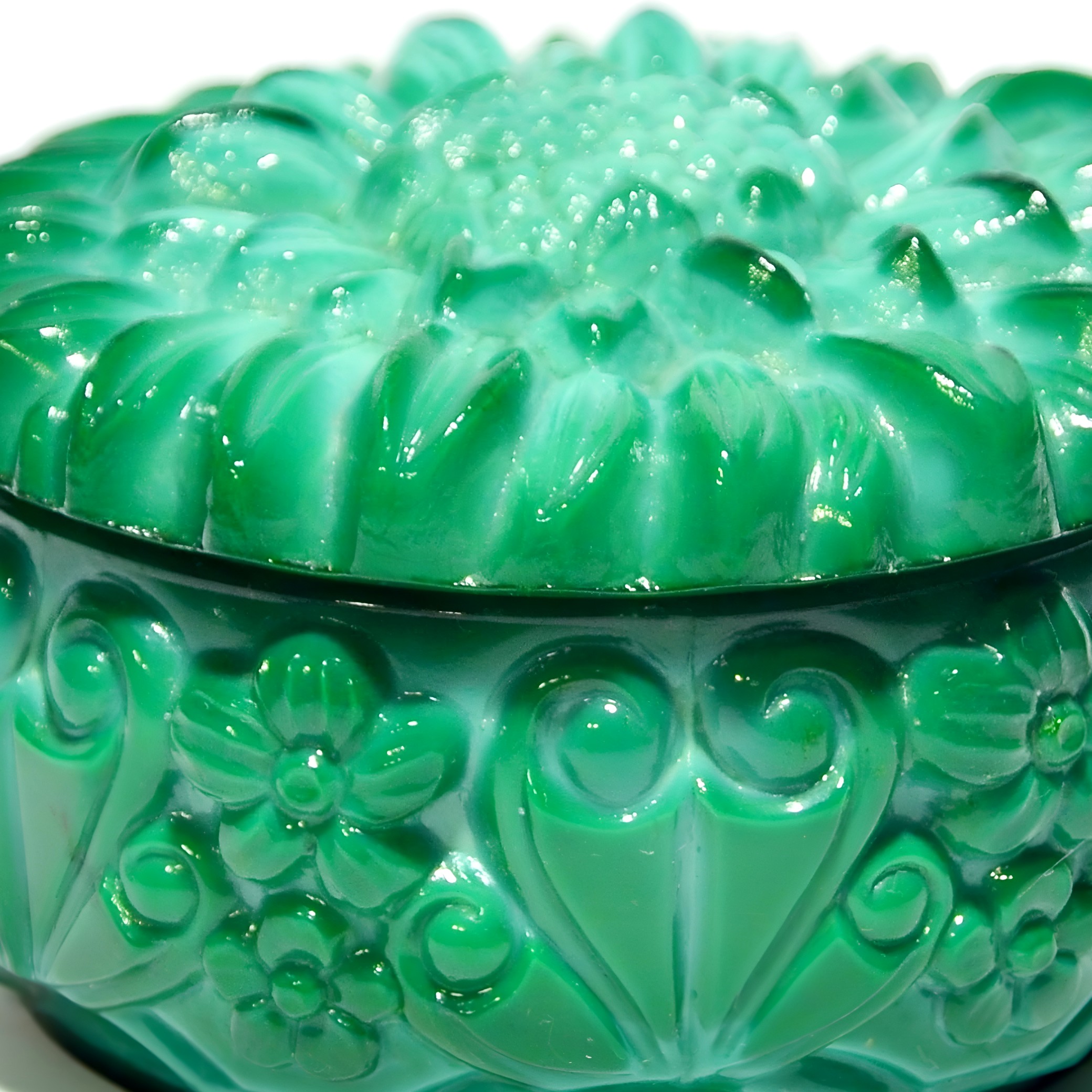 Detailed View Green Cut Glass Trinket Box Handcrafted Bohemian Vintage Bonbonniere Thumbnail for Green Cut Glass Trinket Box, Handcrafted Bohemian Treasury Box, Vintage Bonbonniere for Jewelry or Elegant Decorative Accent