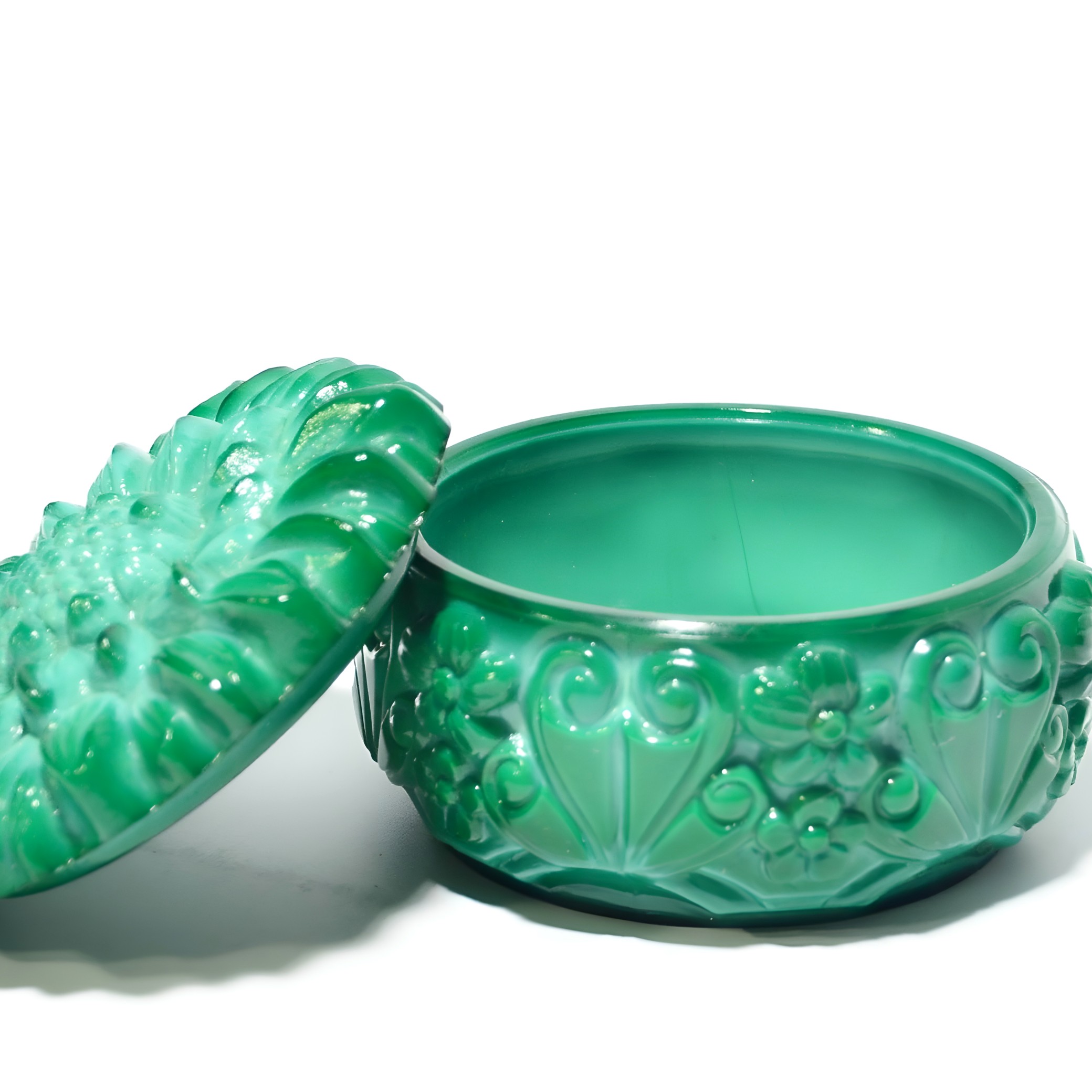 Green Cut Glass Trinket Box Detailed View Thumbnail for Green Cut Glass Trinket Box, Handcrafted Bohemian Treasury Box, Vintage Bonbonniere for Jewelry or Elegant Decorative Accent