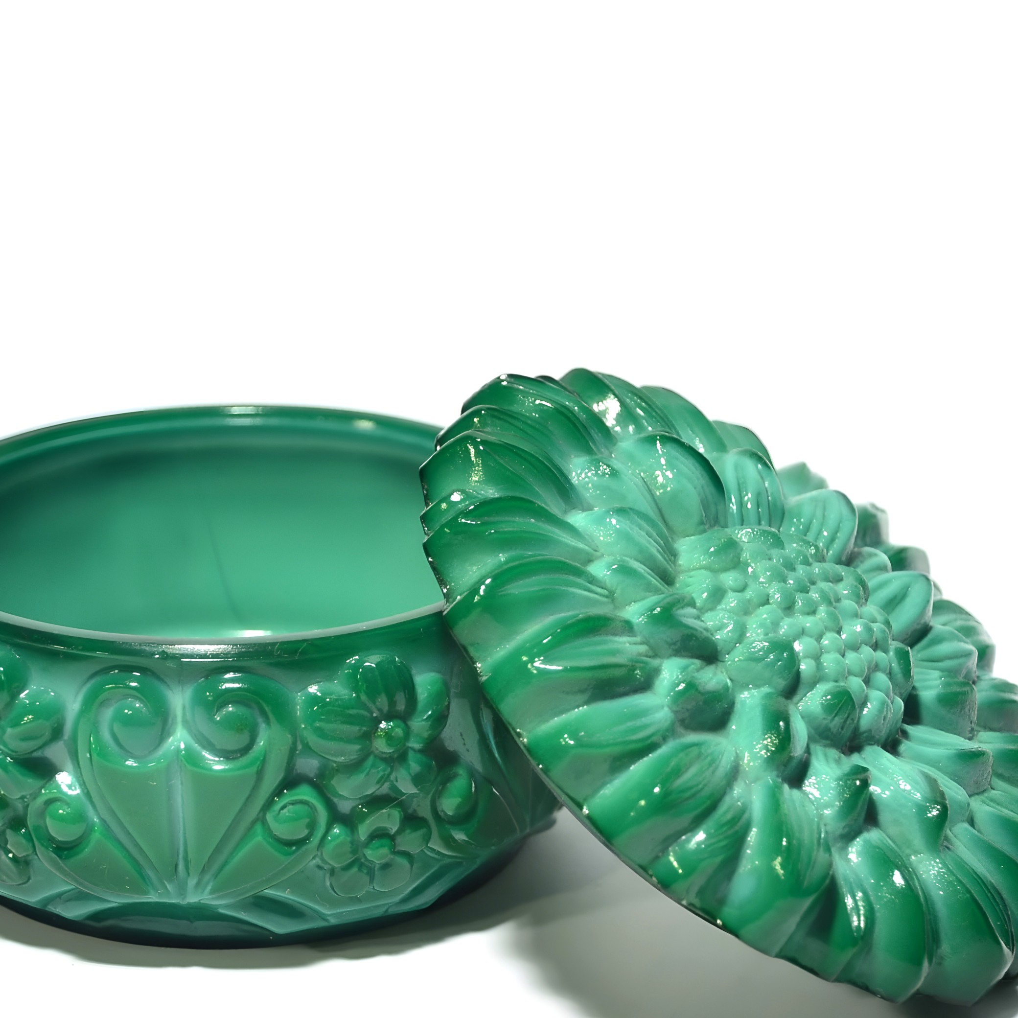 Detailed View Green Cut Glass Bohemian Trinket Box with Floral Lid Thumbnail for Green Cut Glass Trinket Box, Handcrafted Bohemian Treasury Box, Vintage Bonbonniere for Jewelry or Elegant Decorative Accent