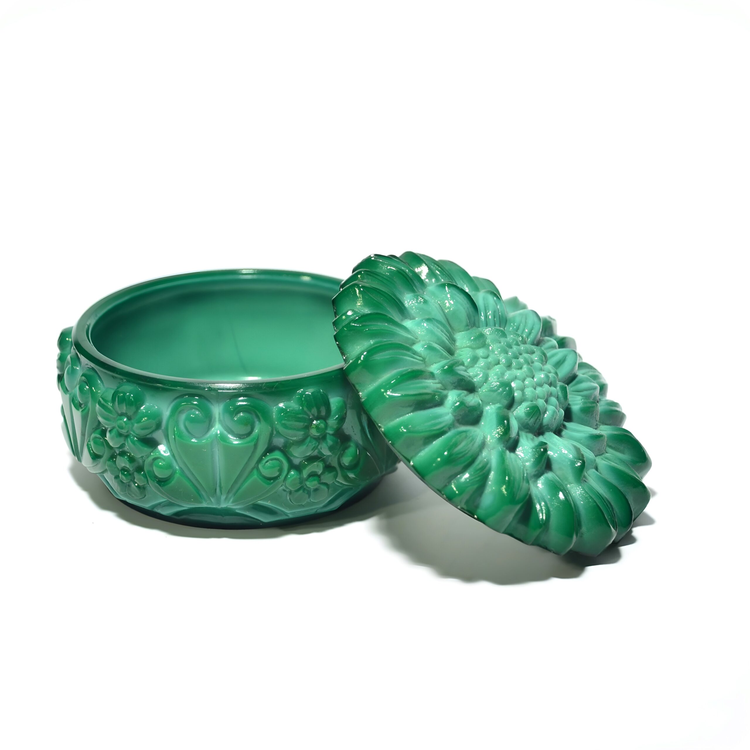 Green Cut Glass Bohemian Trinket Box with Floral Lid – Vintage Jewelry Bonbonniere Thumbnail for Green Cut Glass Trinket Box, Handcrafted Bohemian Treasury Box, Vintage Bonbonniere for Jewelry or Elegant Decorative Accent