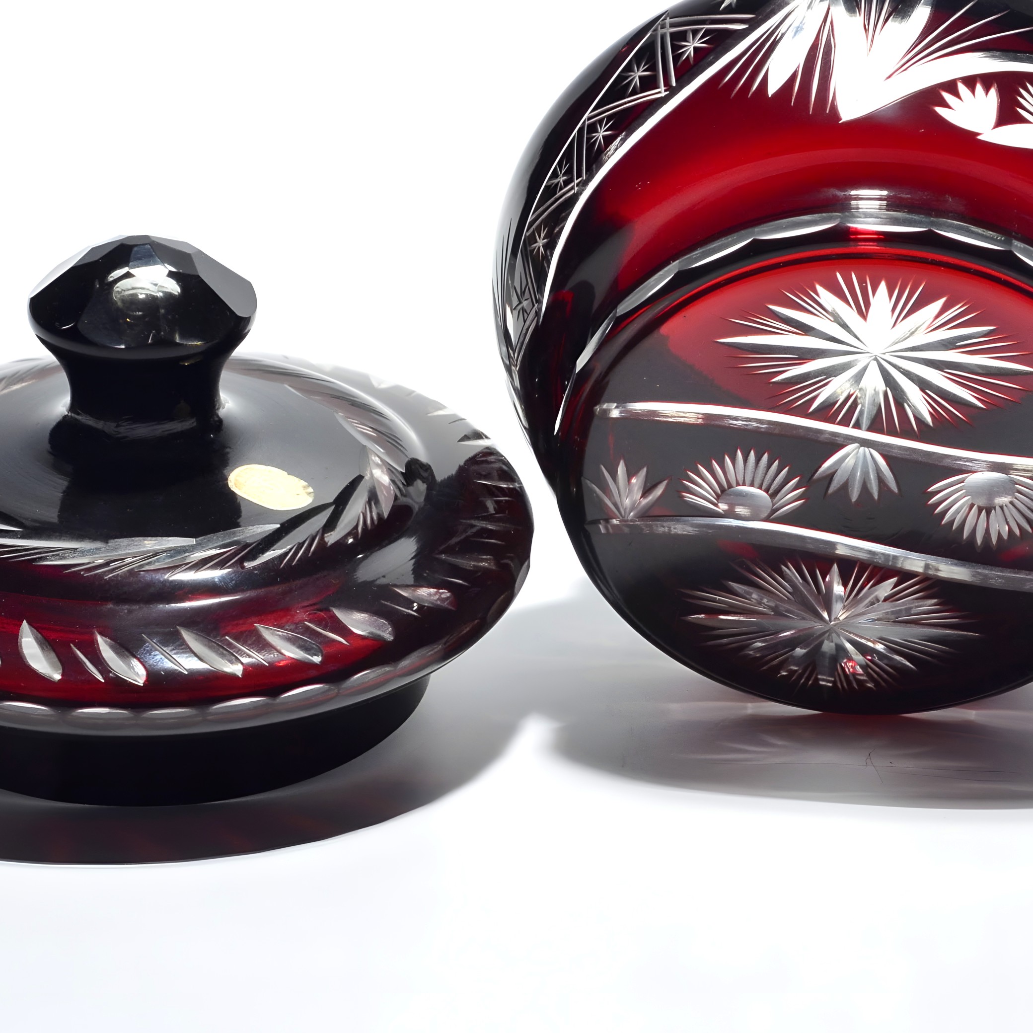 Wine Red Cut Glass Crystal Lidded Jar Close Up Thumbnail for Wine Red Cut Glass Crystal Lidded Jar, Trinket Box, Vintage Decorative Storage Container for Jewelry and Keepsakes