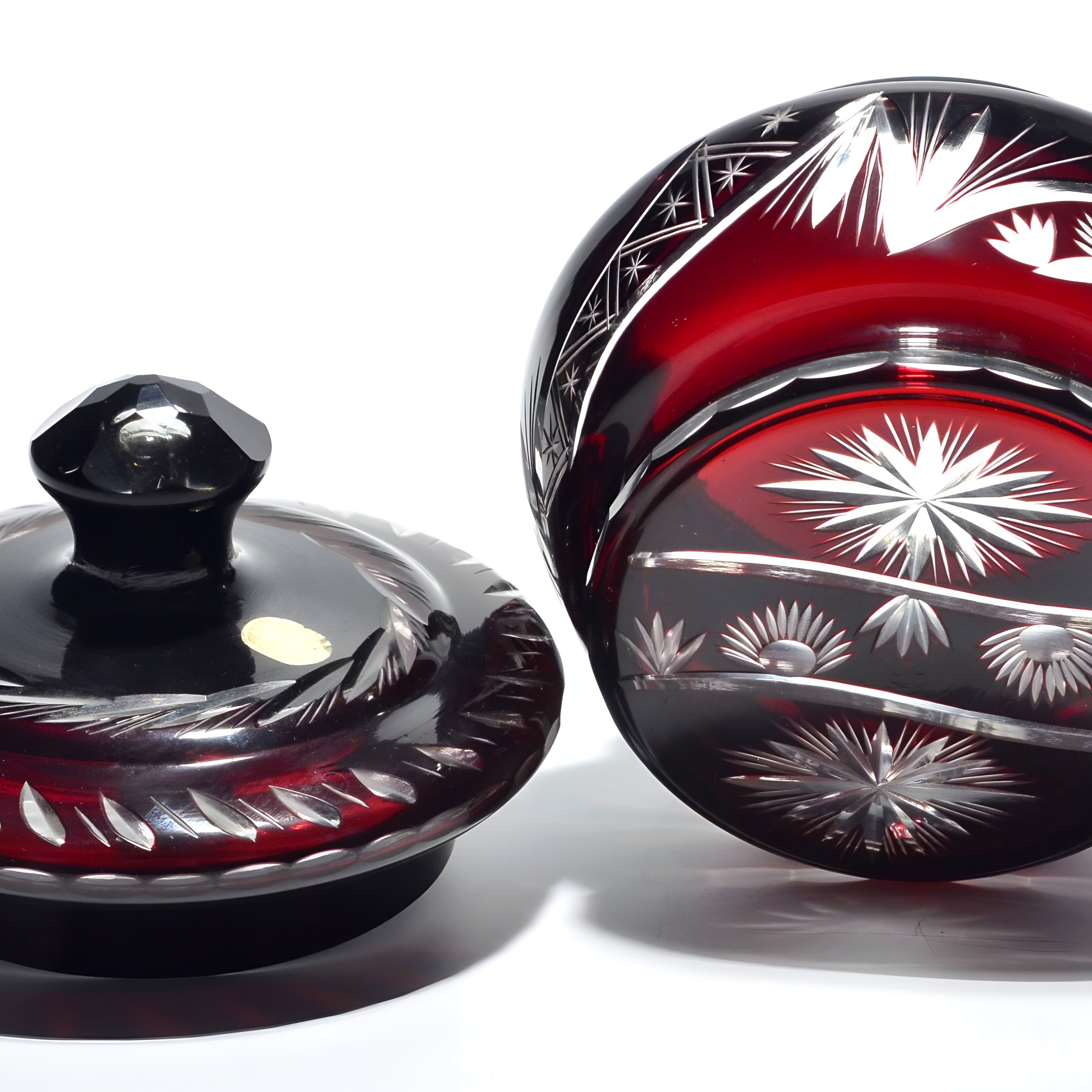 Wine Red Cut Glass Crystal Lidded Jar Close Up Thumbnail for Wine Red Cut Glass Crystal Lidded Jar, Trinket Box, Vintage Decorative Storage Container for Jewelry and Keepsakes