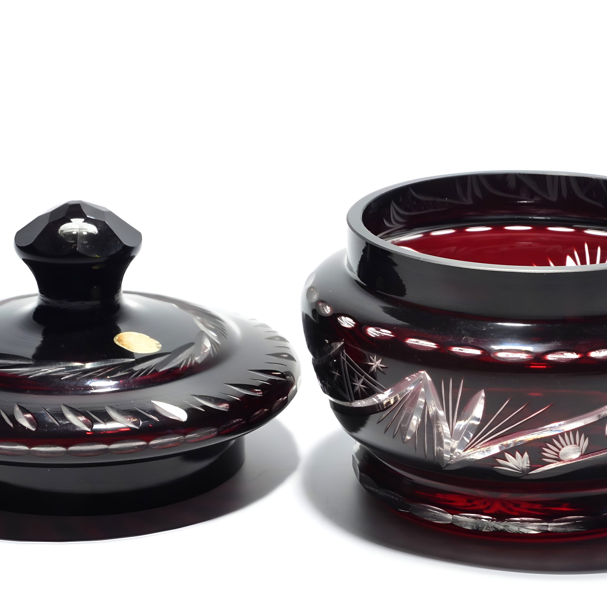 Wine Red Cut Glass Crystal Lidded Jar Close Up Thumbnail for Wine Red Cut Glass Crystal Lidded Jar, Trinket Box, Vintage Decorative Storage Container for Jewelry and Keepsakes