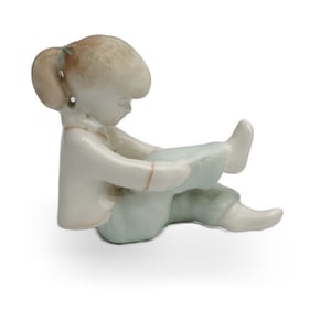 Porcelain Figurine, Girl Putting On Boot - Vintage Aquincum Hungary Porcelain