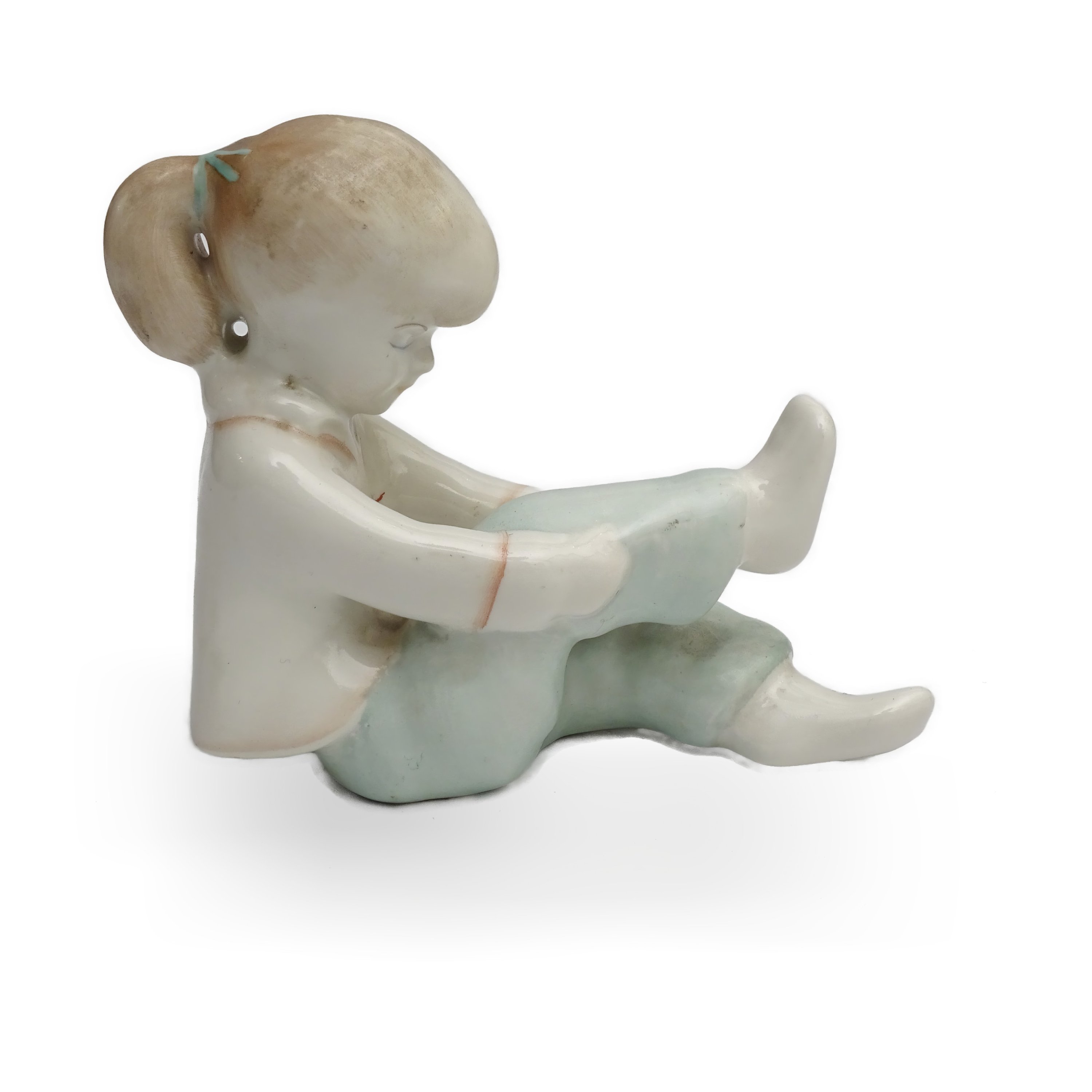Porcelain Figurine, Girl Putting On Boot - Vintage Aquincum Hungary Porcelain