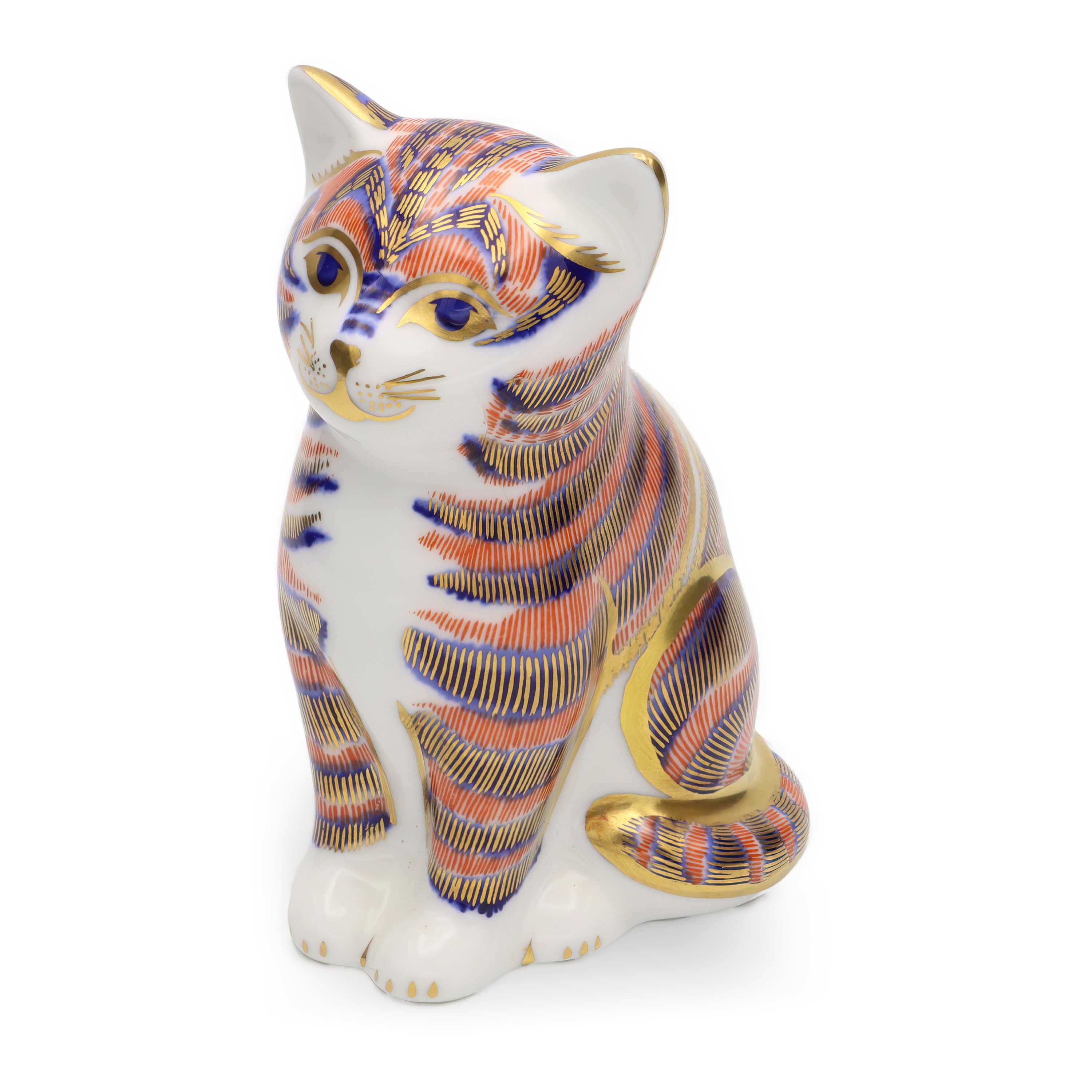 Cat Figurine, Royal Crown Derby Sitting Striped Cat, Porcelain Paperweight, Limited Edition Collectible Decoration, Vintage Ceramic Sculpture
