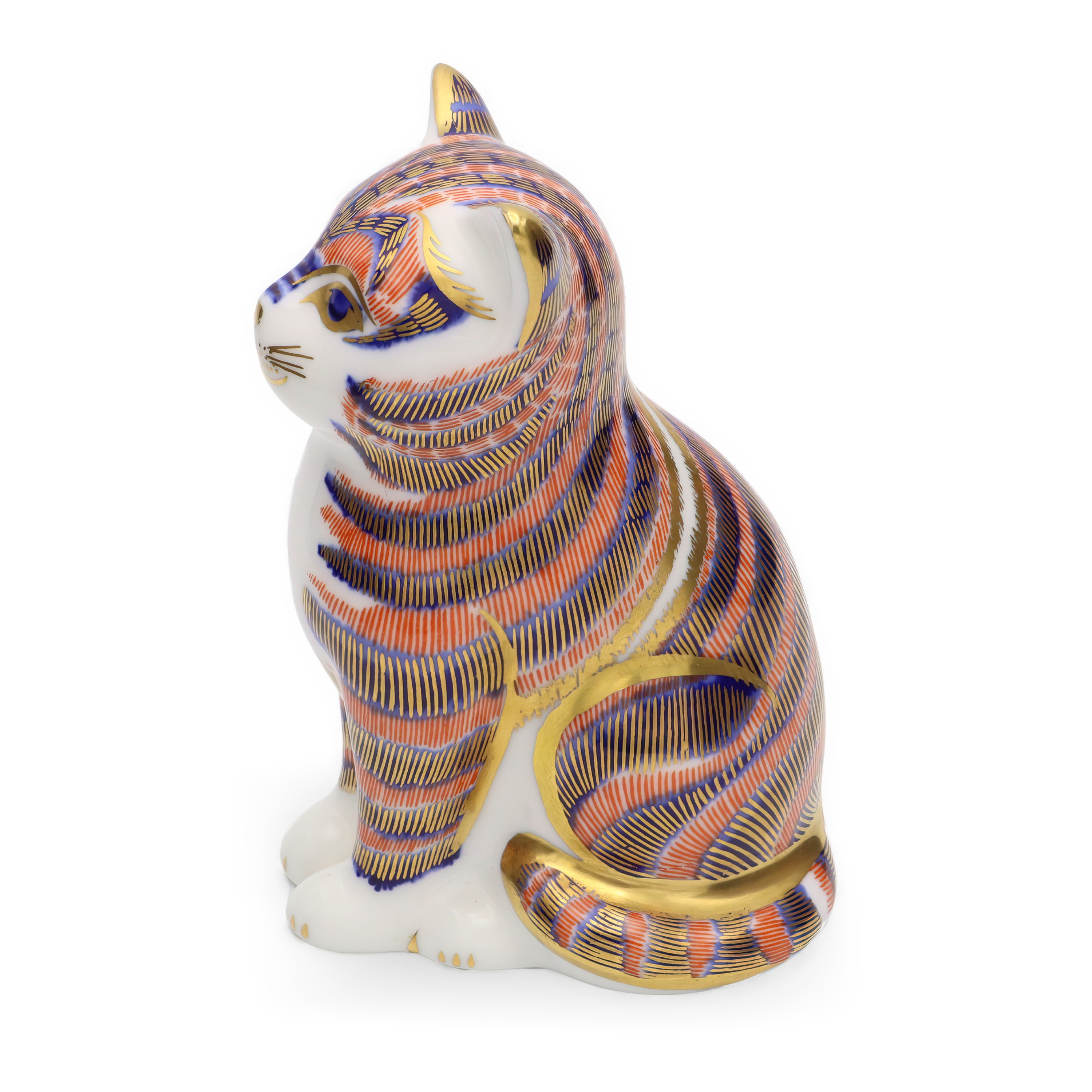 Cat Figurine, Royal Crown Derby Sitting Striped Cat, Porcelain Paperweight, Limited Edition Collectible Decoration, Vintage Ceramic Sculpture