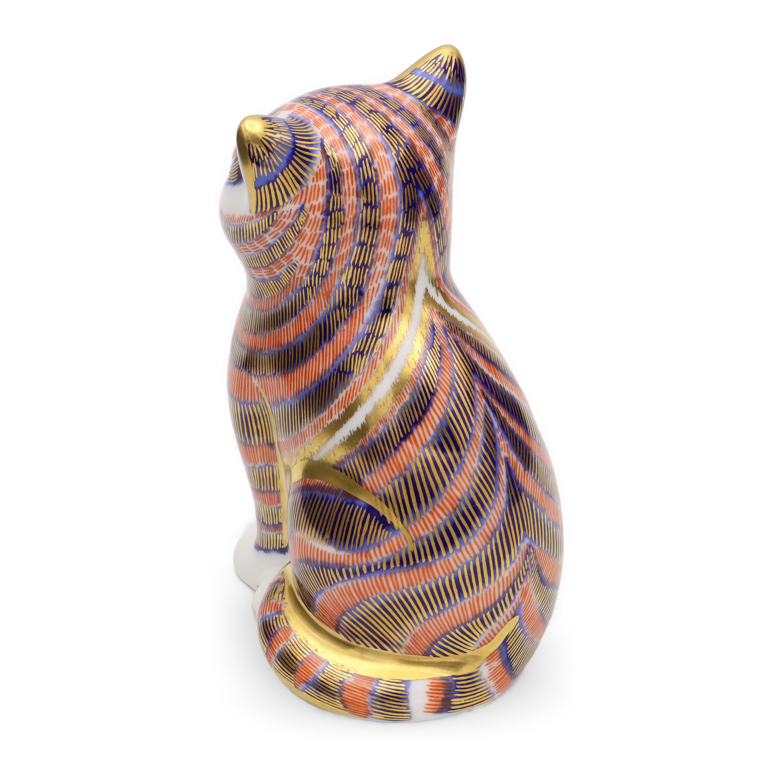 Cat Figurine, Royal Crown Derby Sitting Striped Cat, Porcelain Paperweight, Limited Edition Collectible Decoration, Vintage Ceramic Sculpture