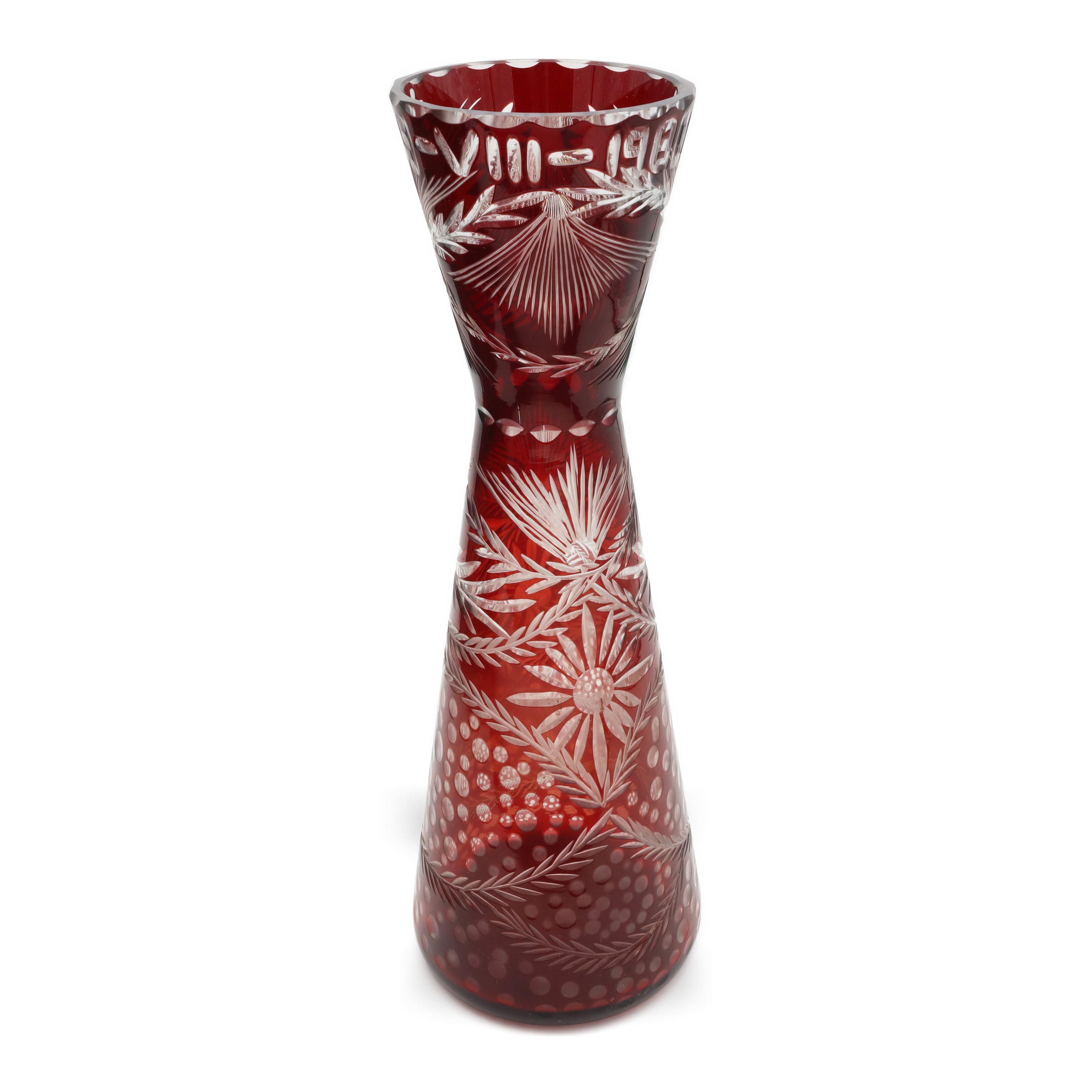 Tall Vase - Cut Crystal Slim Hourglass Vase - Red Bohemia Glass Vintage Decorative Glassware - Elegant Home Décor Accent