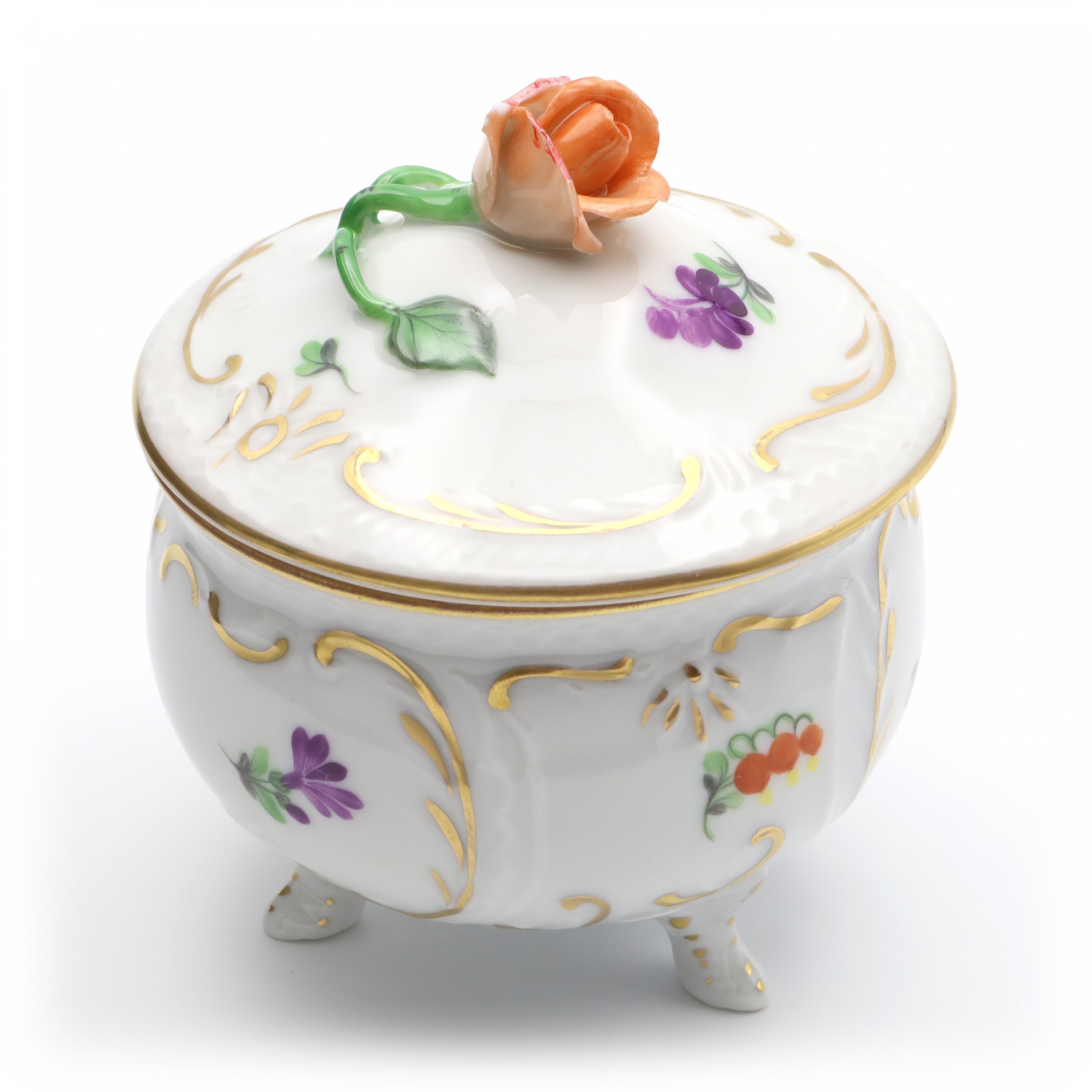 Herend Jewelry Box, Antique Trinket Box, Porcelain Bonbonniere, Floral Trinket Box With Rose Ornament Hand Painted