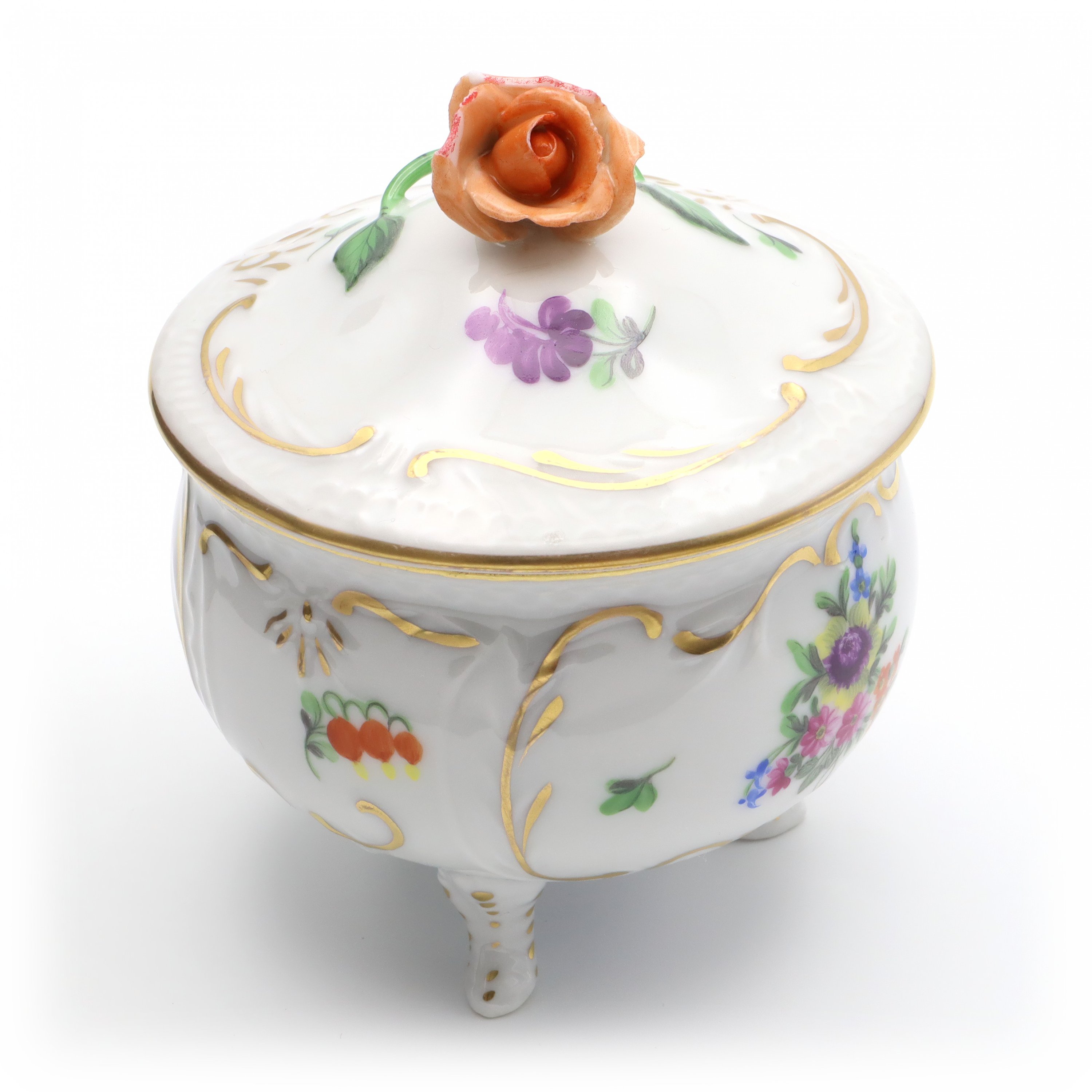 Herend Jewelry Box, Antique Trinket Box, Porcelain Bonbonniere, Floral Trinket Box With Rose Ornament Hand Painted