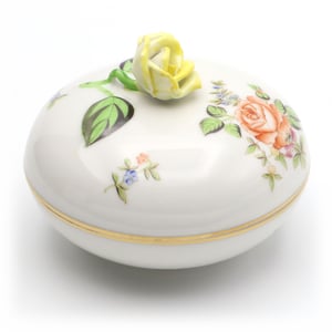 Vintage Herend Porcelain Trinket Box, Yellow Rose Ornament, Tresure Box, Jewelry Box Hand Painted