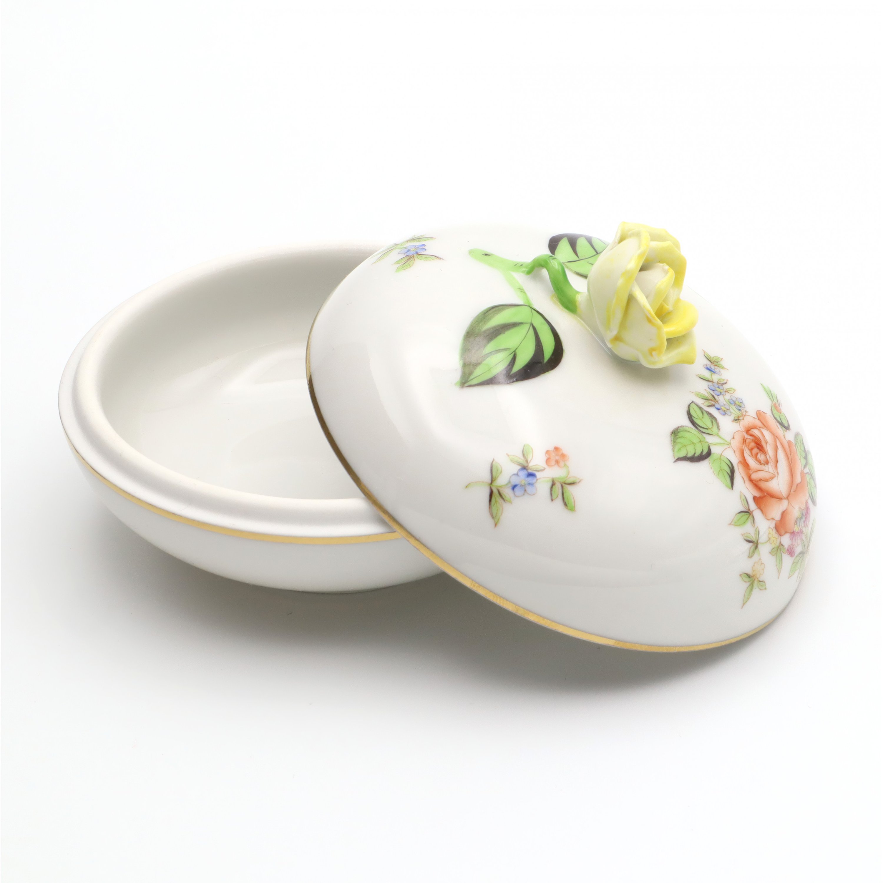 Vintage Herend Porcelain Trinket Box, Yellow Rose Ornament, Tresure Box, Jewelry Box Hand Painted