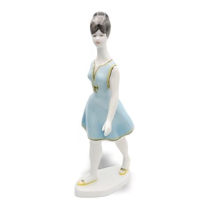 Hollohaza Porcelain Figurine Woman In Blue Dress with Floral Details and Elegant Pose, Vintage Ceramic Collectible Sculpture