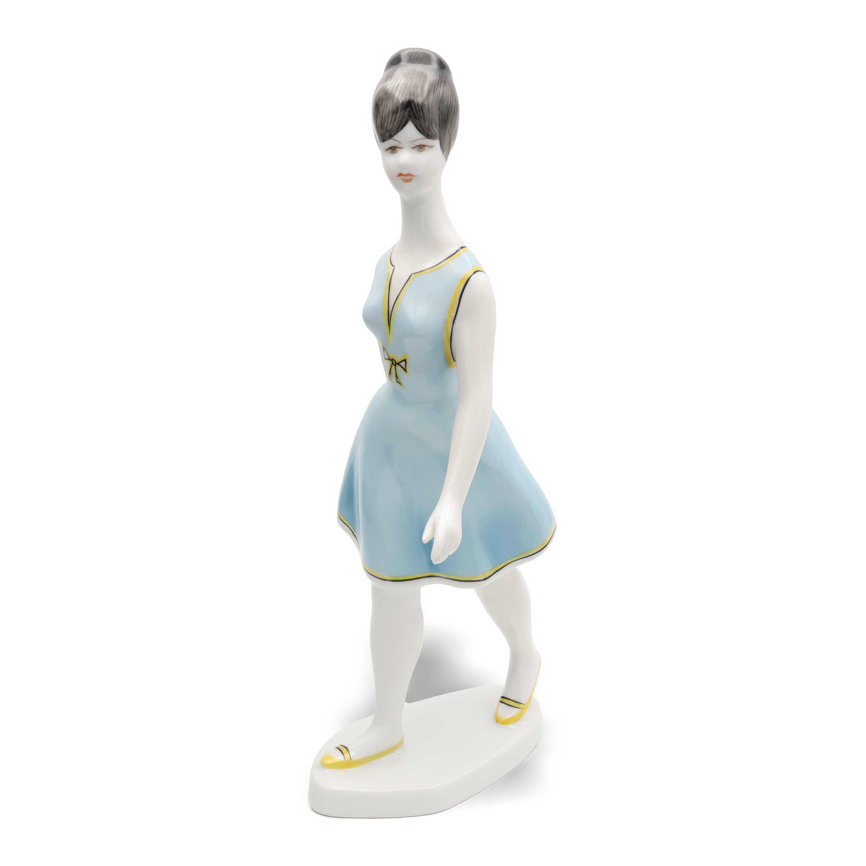 Hollohaza Porcelain Figurine Woman In Blue Dress with Floral Details and Elegant Pose, Vintage Ceramic Collectible Sculpture