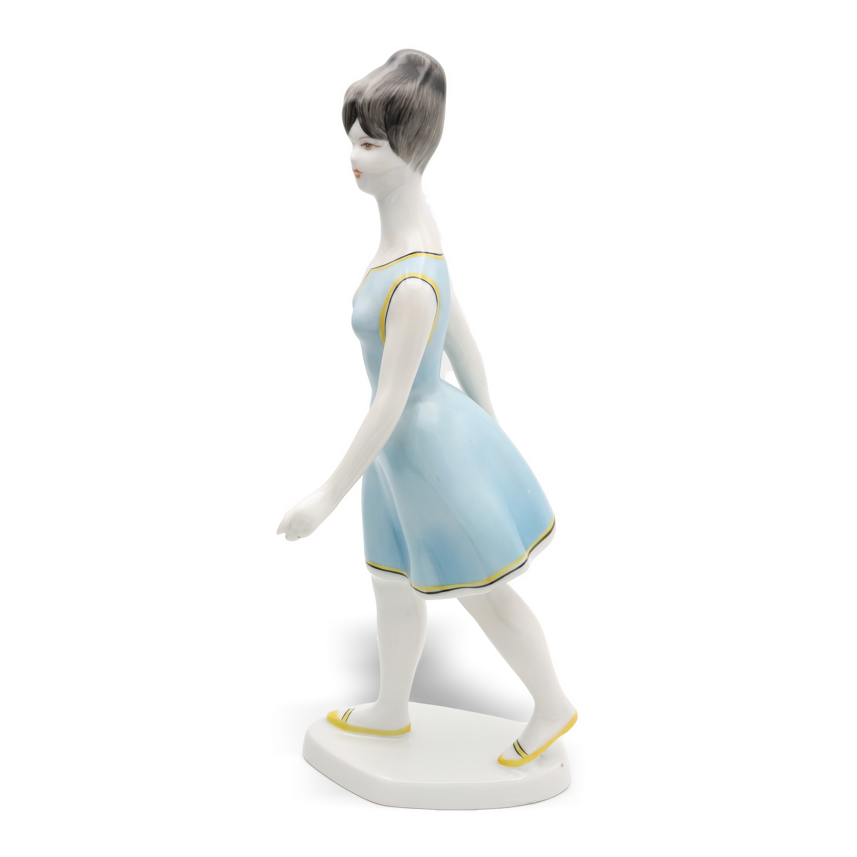 Hollohaza Porcelain Figurine Woman In Blue Dress with Floral Details and Elegant Pose, Vintage Ceramic Collectible Sculpture