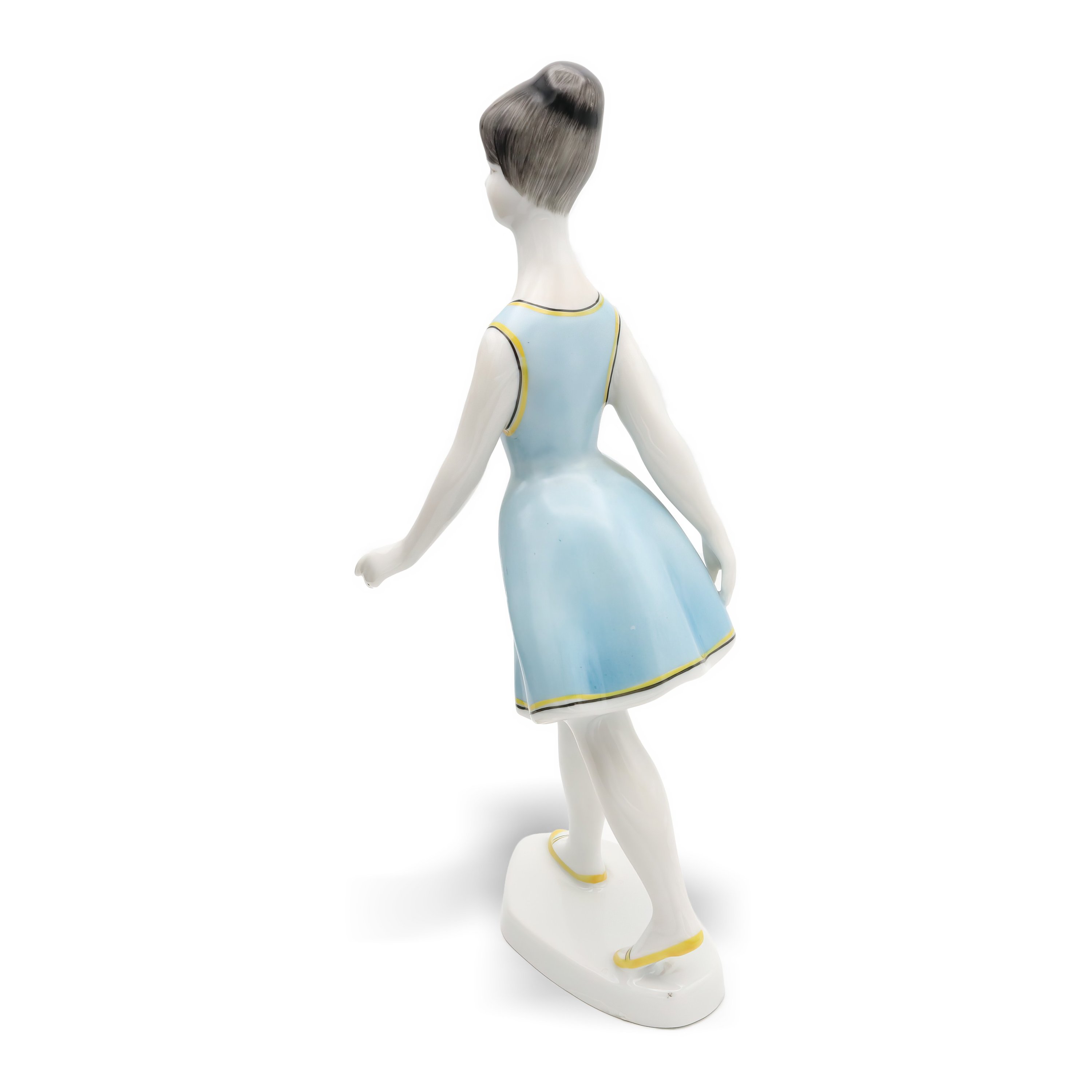 Hollohaza Porcelain Figurine Woman In Blue Dress with Floral Details and Elegant Pose, Vintage Ceramic Collectible Sculpture