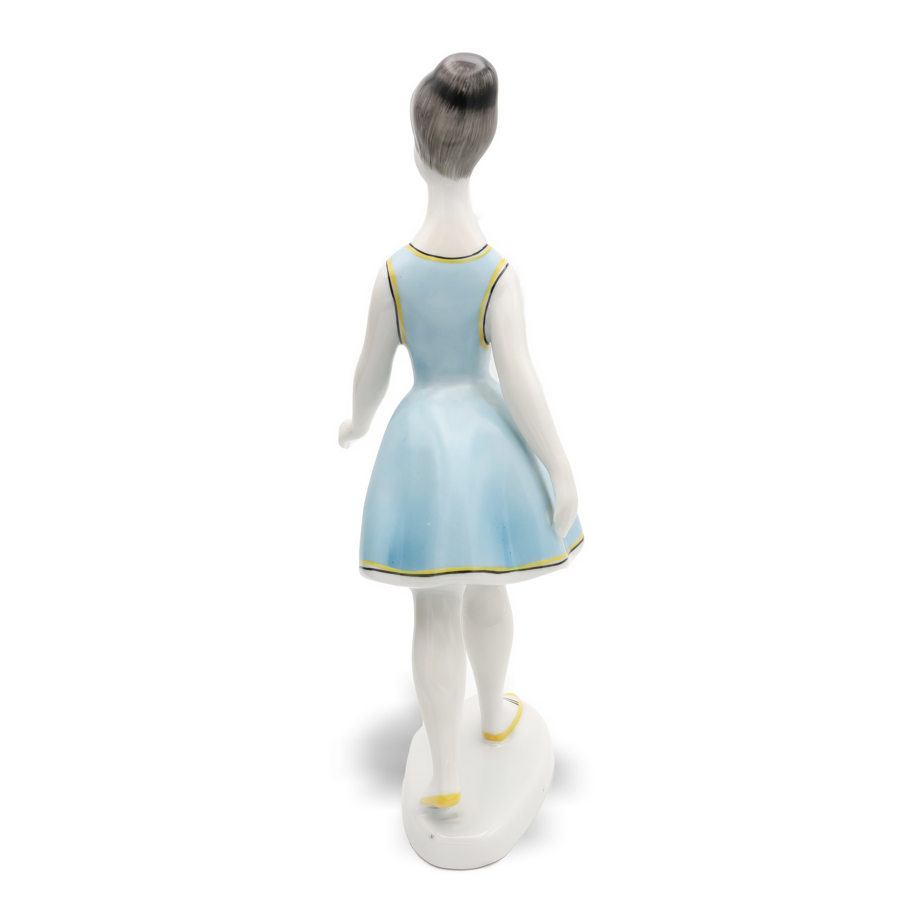 Hollohaza Porcelain Figurine Woman In Blue Dress with Floral Details and Elegant Pose, Vintage Ceramic Collectible Sculpture