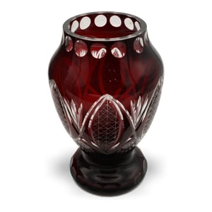 Red Crystal Bohemia Vase, Hand Cut, Vintage Czech Art Glass Antique