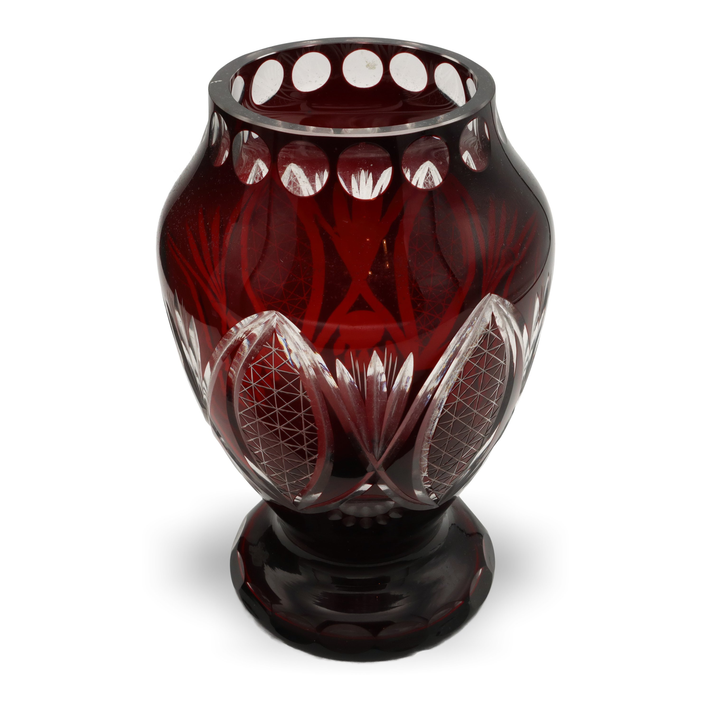 Red Crystal Bohemia Vase, Hand Cut, Vintage Czech Art Glass Antique