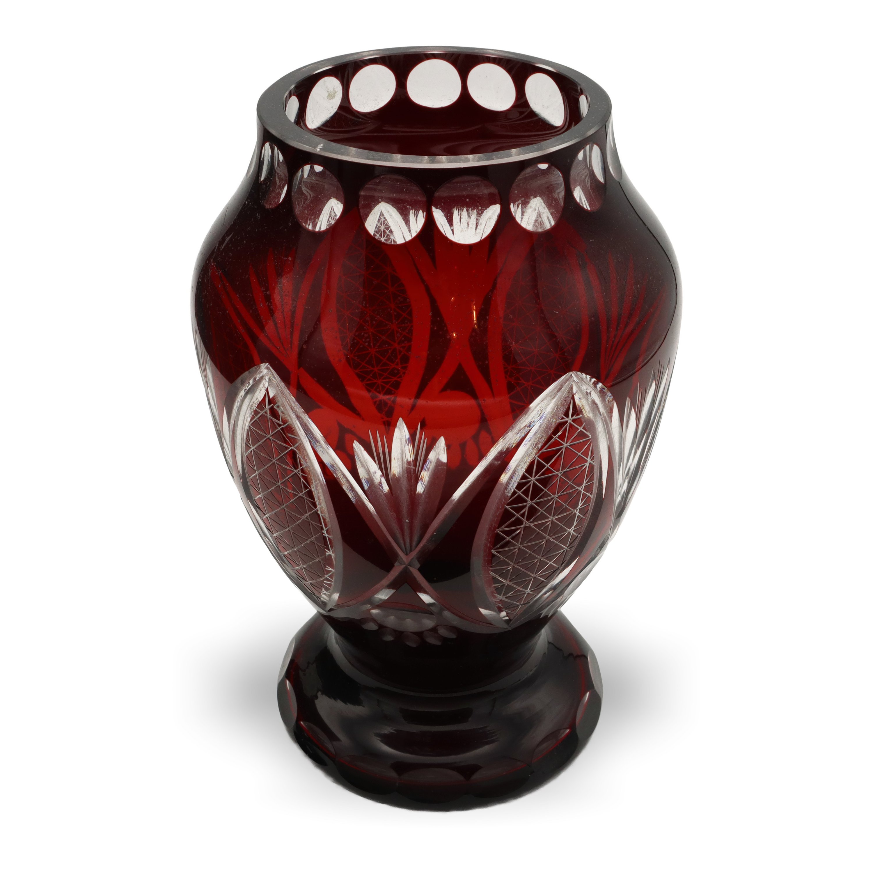 Red Crystal Bohemia Vase, Hand Cut, Vintage Czech Art Glass Antique